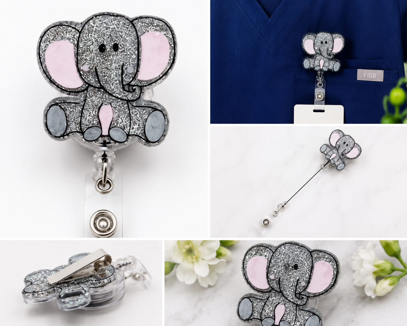 Cute Glitter Elephant Badge Reel